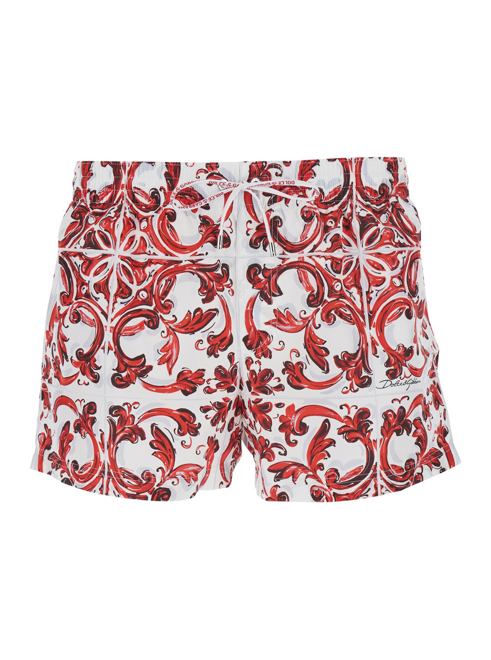 Dolce & Gabbana Men Bordeaux Swim Shorts With Elasticated Waist And Drawstring And All-Over Majolica Print In Tech Fabric For Men