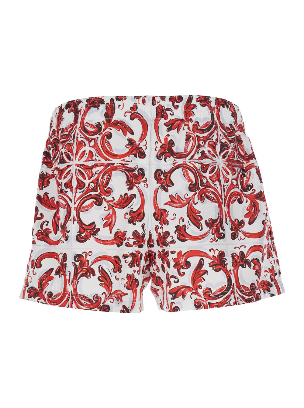 Dolce & Gabbana Men Bordeaux Swim Shorts With Elasticated Waist And Drawstring And All-Over Majolica Print In Tech Fabric For Men
