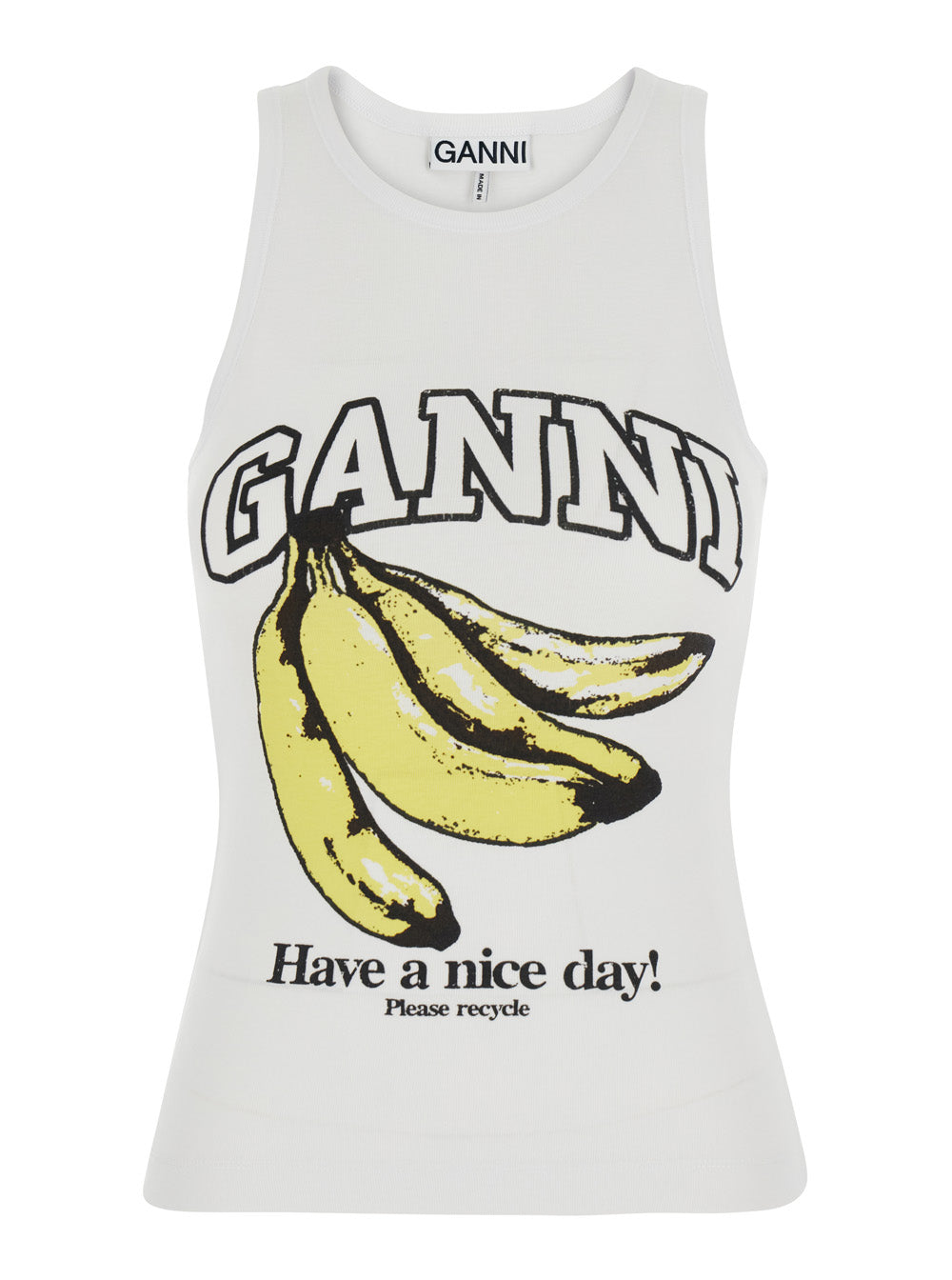 Ganni Women White Sleeveless Top With Logo Lettering Print And Bananas On The Front In Cotton For Women