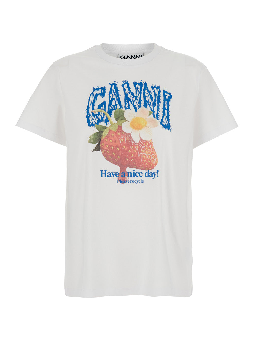 Ganni Women White Crew Neck T-Shirt With Large Logo Lettering Print And Strawberries On The Front In Cotton For Women