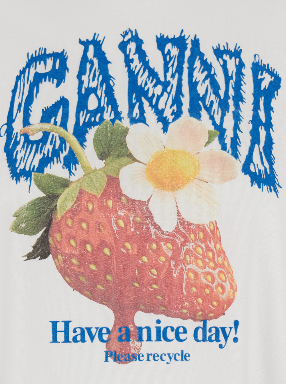 Ganni Women White Crew Neck T-Shirt With Large Logo Lettering Print And Strawberries On The Front In Cotton For Women