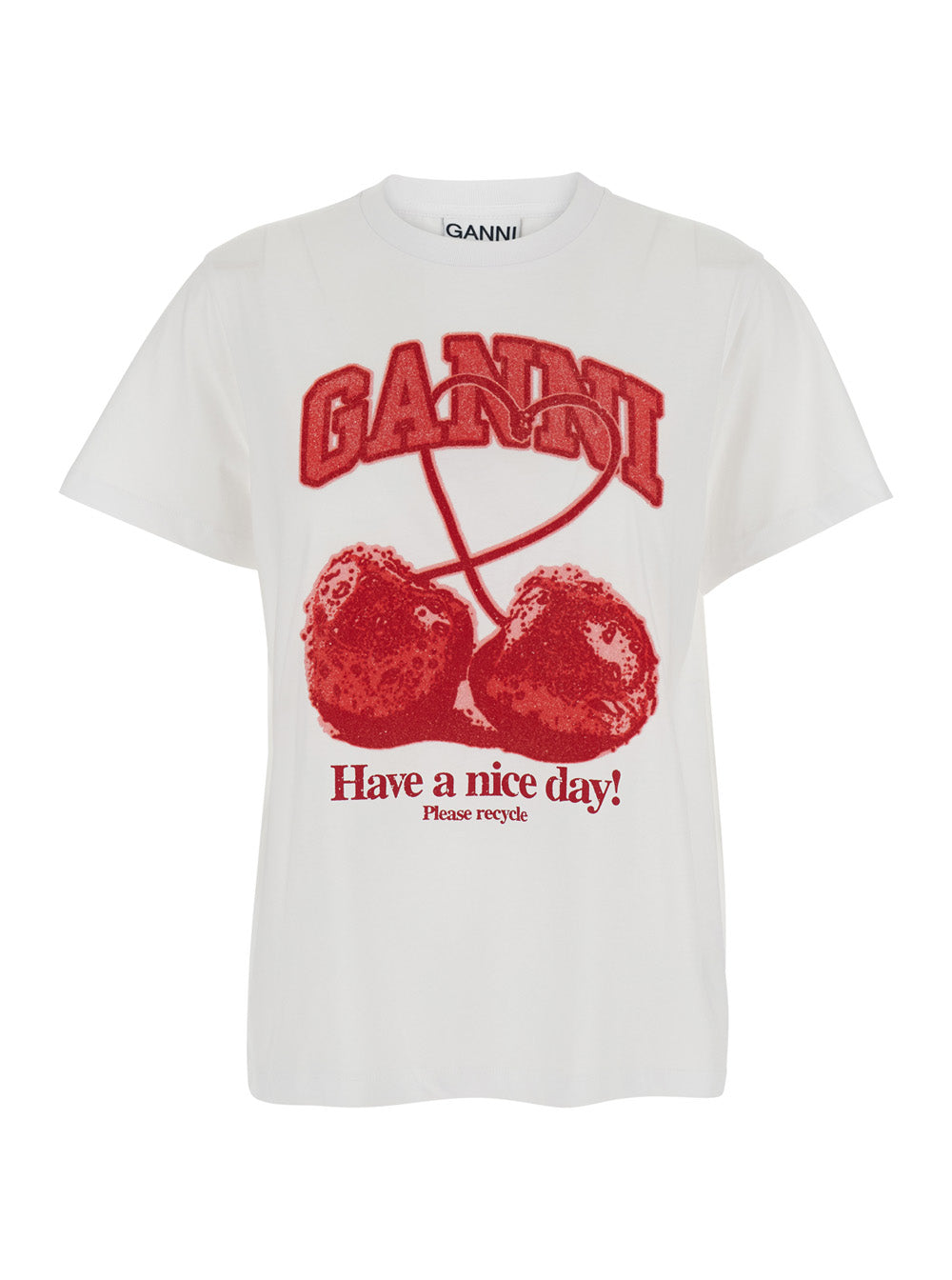 Ganni Women White Crew Neck T-Shirt With Large Logo Lettering And Cherries On The Front In Cotton For Women