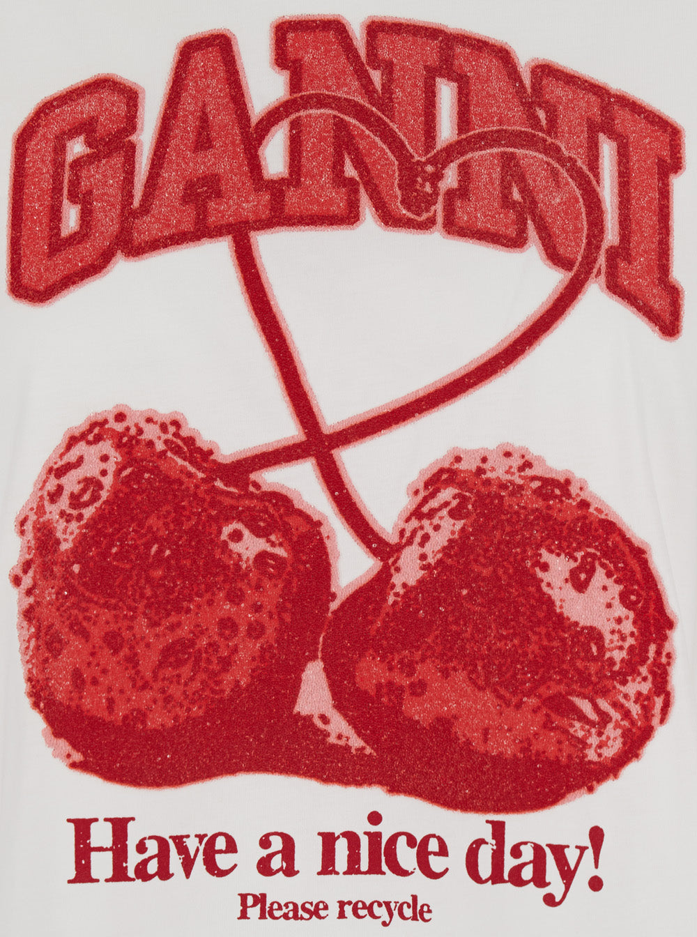 Ganni Women White Crew Neck T-Shirt With Large Logo Lettering And Cherries On The Front In Cotton For Women