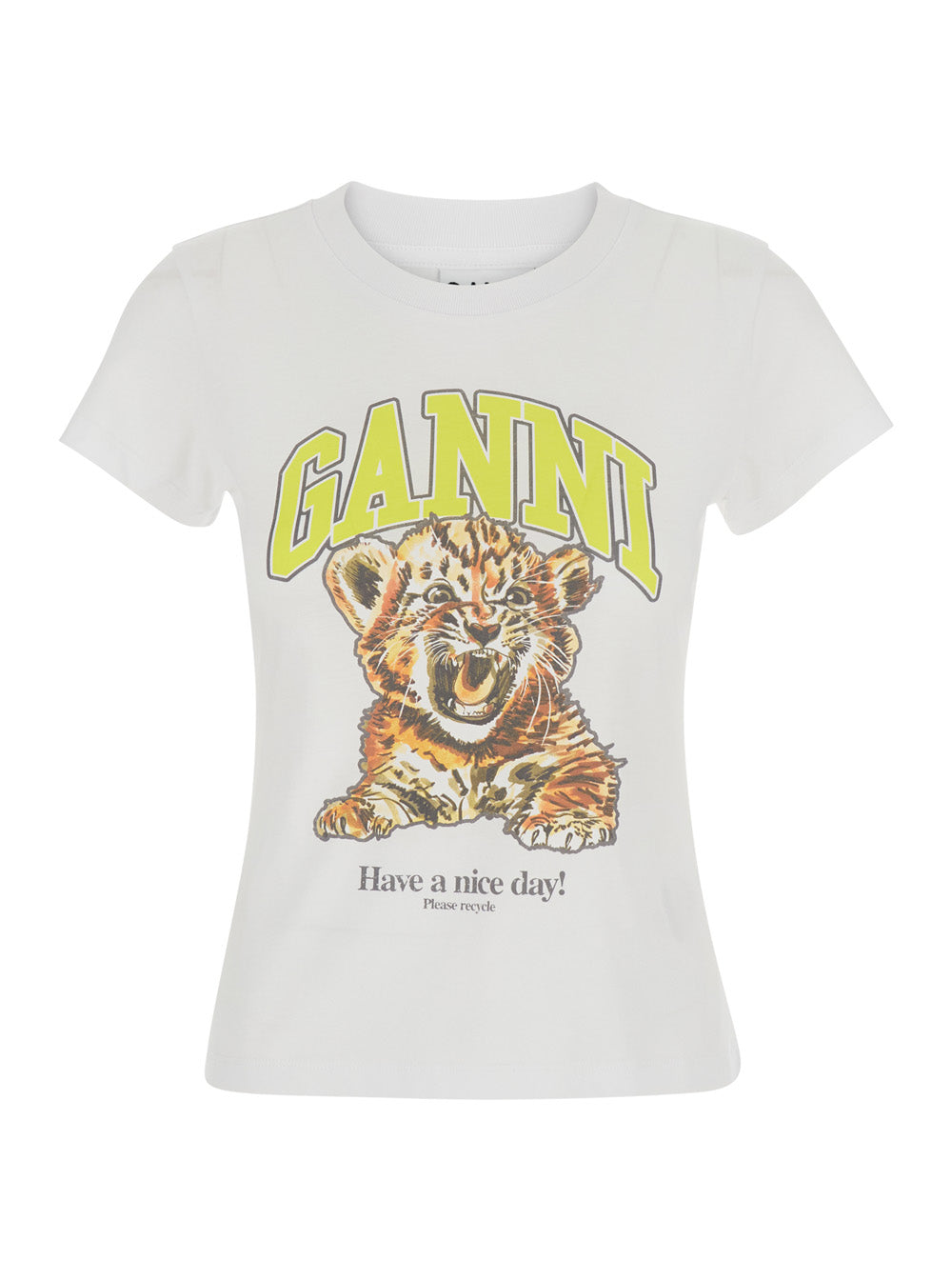 Ganni Women White Round Neck T-Shirt With Maxi Print On The Front In Cotton For Women