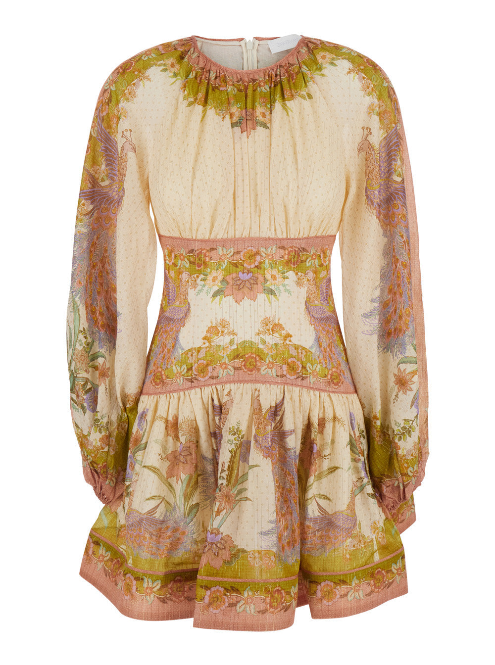 Zimmermann Women 'Indra' Multicolor Crew Neck Mini Dress With Balloon Sleeves And All-Over Motif In Cotton Blend For Women