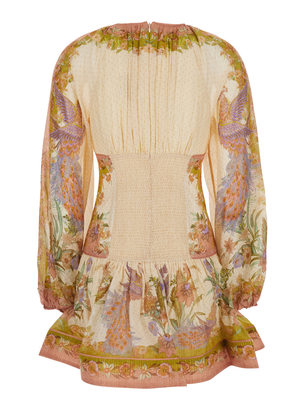 Zimmermann Women 'Indra' Multicolor Crew Neck Mini Dress With Balloon Sleeves And All-Over Motif In Cotton Blend For Women