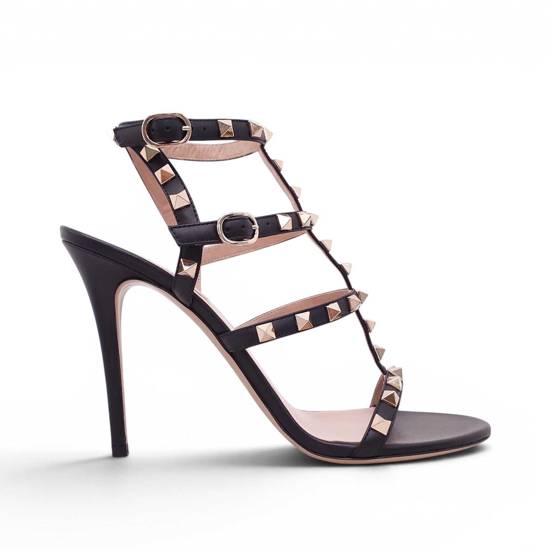 VALENTINO BLACK STRAPPY ROCKSTUD HEELS - SIZE 39.5
