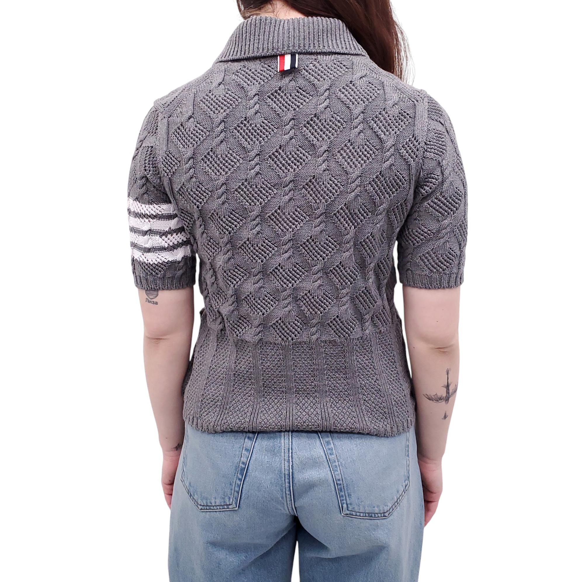 THOM BROWNE GREY 4-BAR KNIT POLO TOP - SIZE 42
