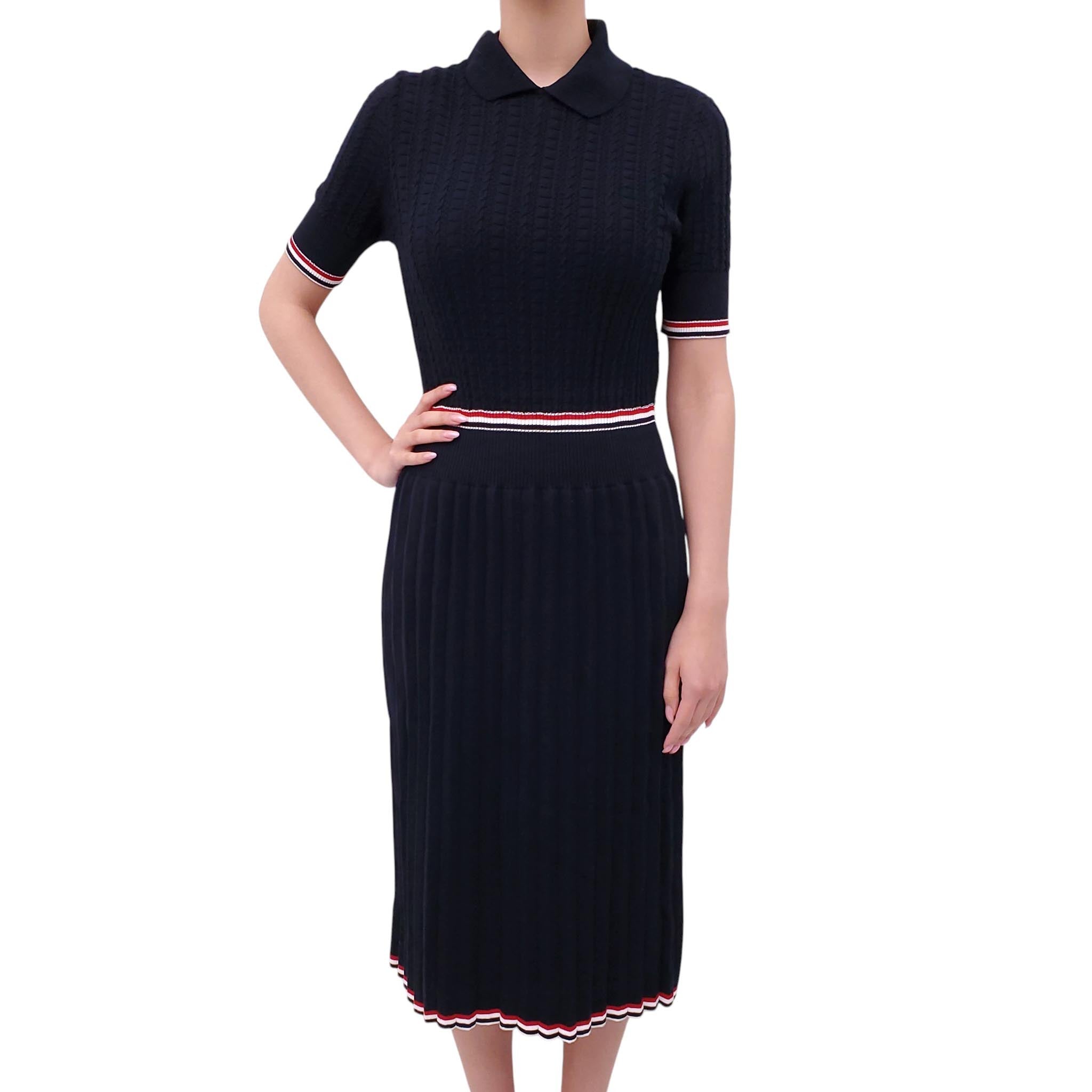 THOM BROWNE NAVY PLEATED POLO DRESS WITH RIBBON STRIPE DETAILS - SIZE 44