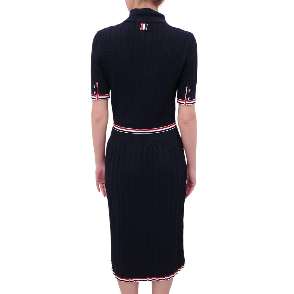 THOM BROWNE NAVY PLEATED POLO DRESS WITH RIBBON STRIPE DETAILS - SIZE 44
