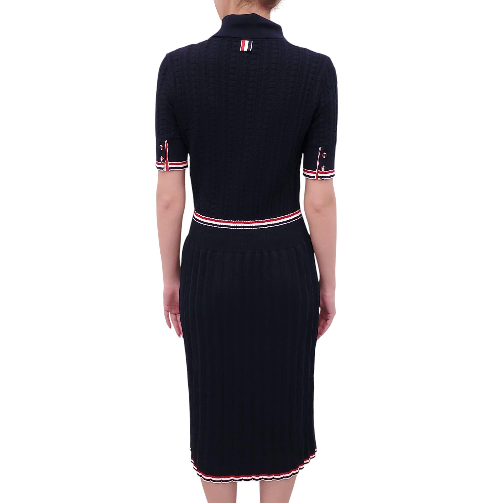 THOM BROWNE NAVY PLEATED POLO DRESS WITH RIBBON STRIPE DETAILS - SIZE 44