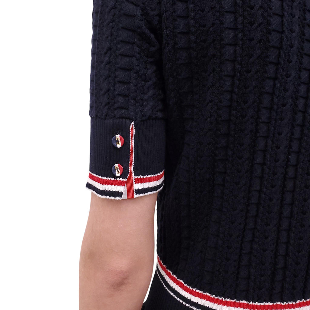 THOM BROWNE NAVY PLEATED POLO DRESS WITH RIBBON STRIPE DETAILS - SIZE 44
