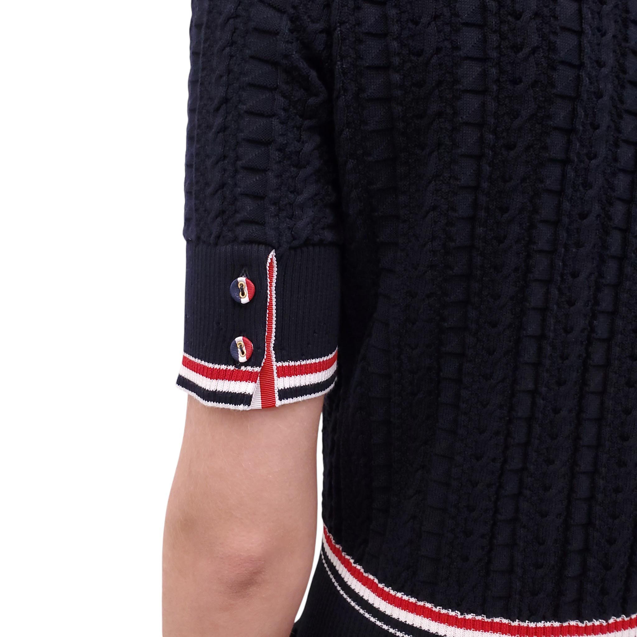 THOM BROWNE NAVY PLEATED POLO DRESS WITH RIBBON STRIPE DETAILS - SIZE 44