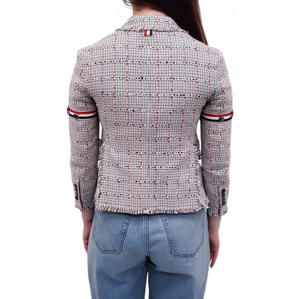 THOM BROWNE GREY FRAYED COTTON TWEED SPORT COAT WITH ARMBAND DETAILS - SIZE 36