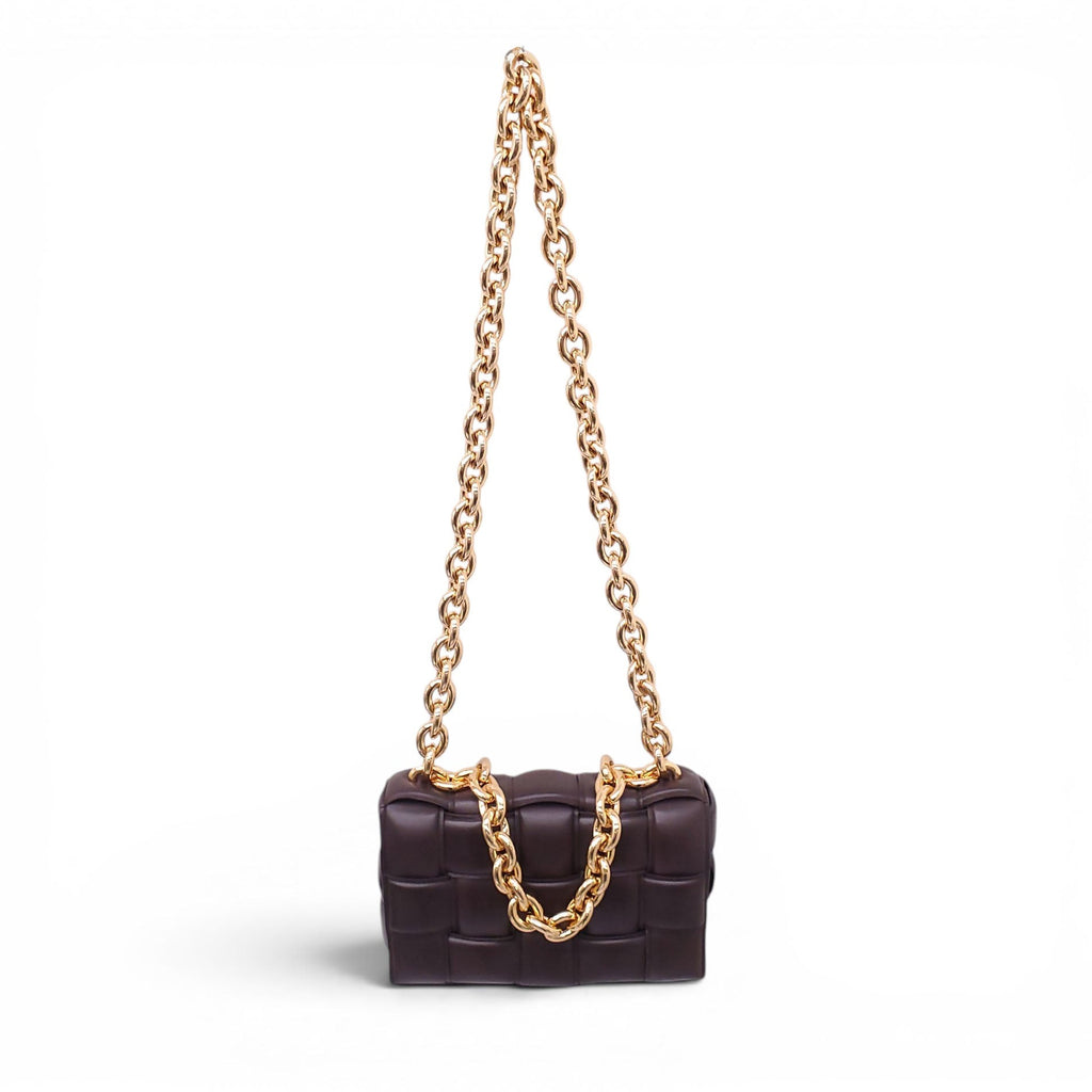 BOTTEGA VENETA BROWN LEATHER PADDED CASSETTE BAG WITH GOLD CHAIN