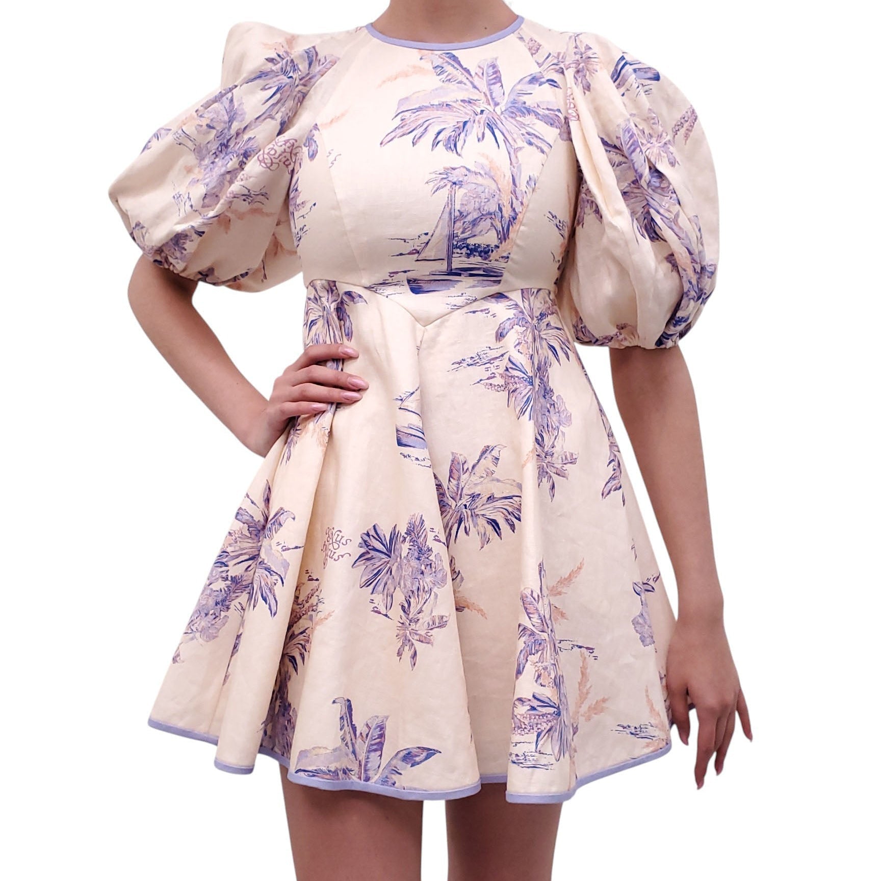 ZIMMERMANN PURPLE PALM TOILE 'LINEN DAY' MINI DRESS WITH PUFF SLEEVES - SIZE 0P (US 2)