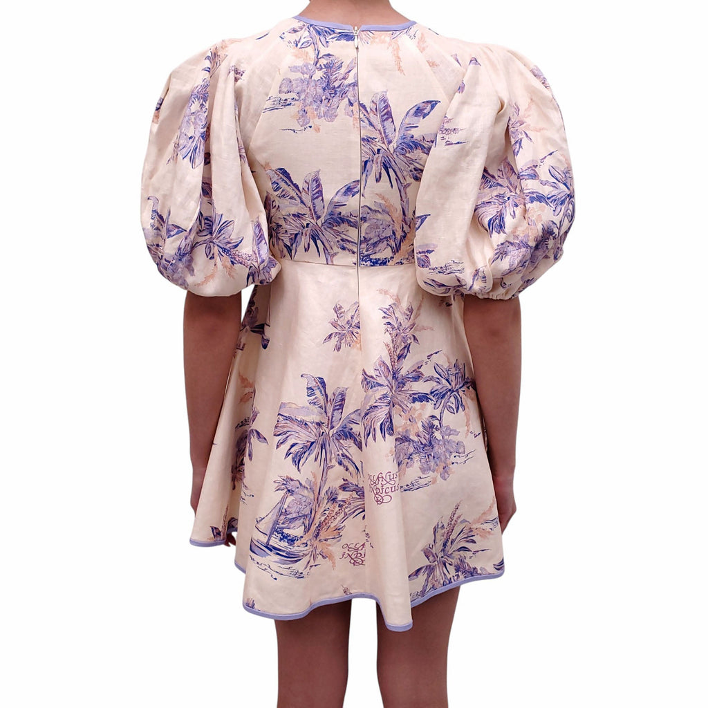 ZIMMERMANN PURPLE PALM TOILE 'LINEN DAY' MINI DRESS WITH PUFF SLEEVES - SIZE 0P (US 2)