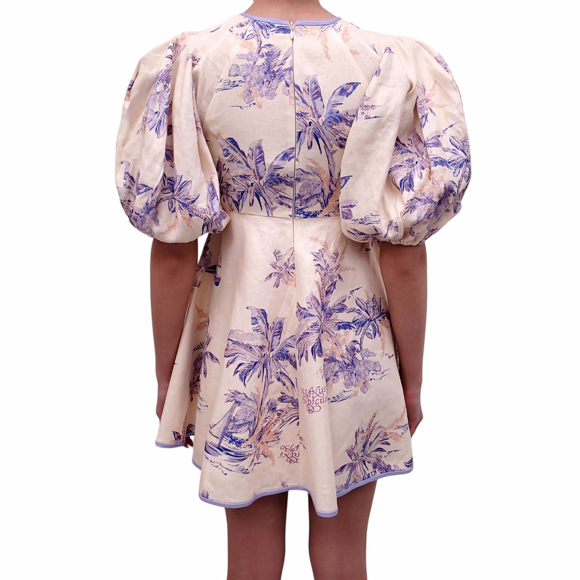 ZIMMERMANN PURPLE PALM TOILE 'LINEN DAY' MINI DRESS WITH PUFF SLEEVES - SIZE 0P (US 2)