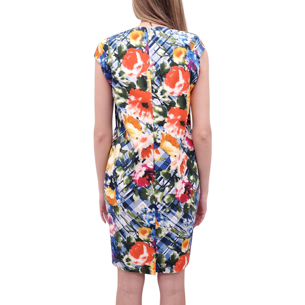 OSCAR DE LA RENTA BLUE CHECKERED FLORAL DRESS - SIZE 10