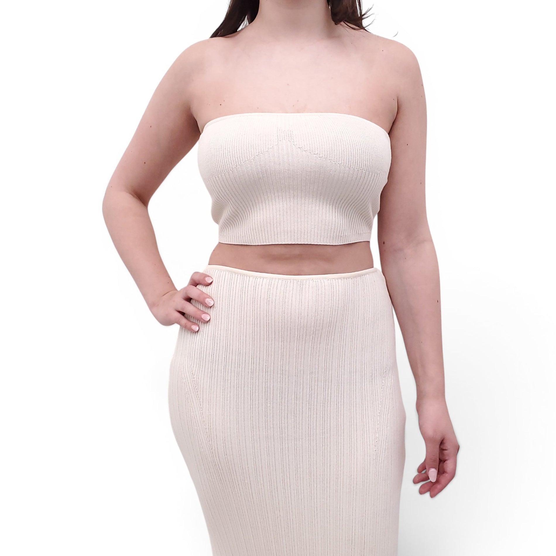 AYA MUSE CREAM KNIT TUBE TOP AND SKIRT SET - SIZE S/L