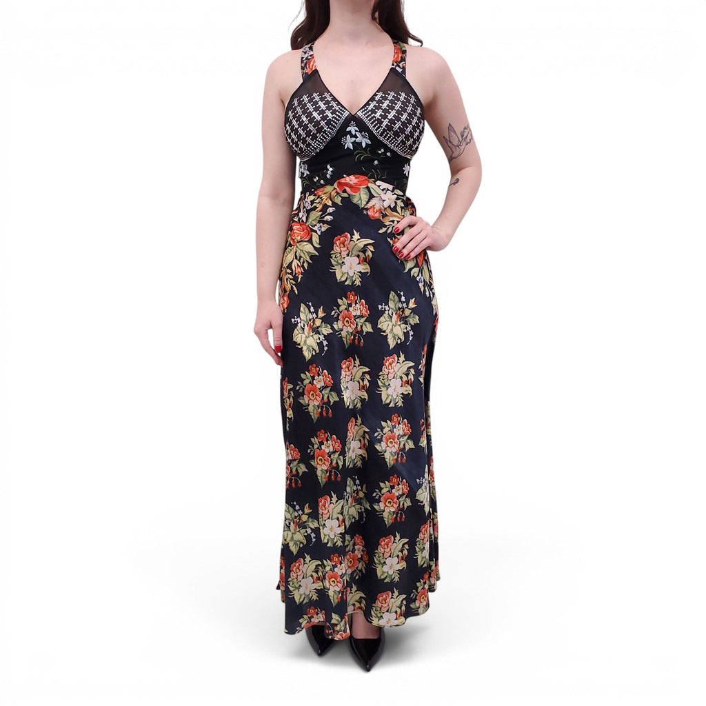 PACO RABANNE BLACK FLORAL DRESS WITH SILVER SEQUIN DETAIL - SIZE 36