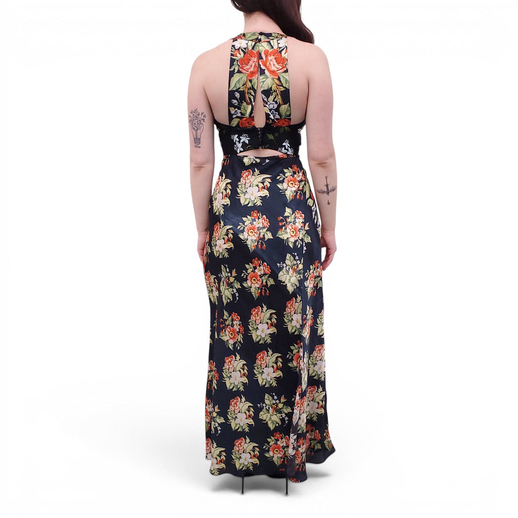 PACO RABANNE BLACK FLORAL DRESS WITH SILVER SEQUIN DETAIL - SIZE 36
