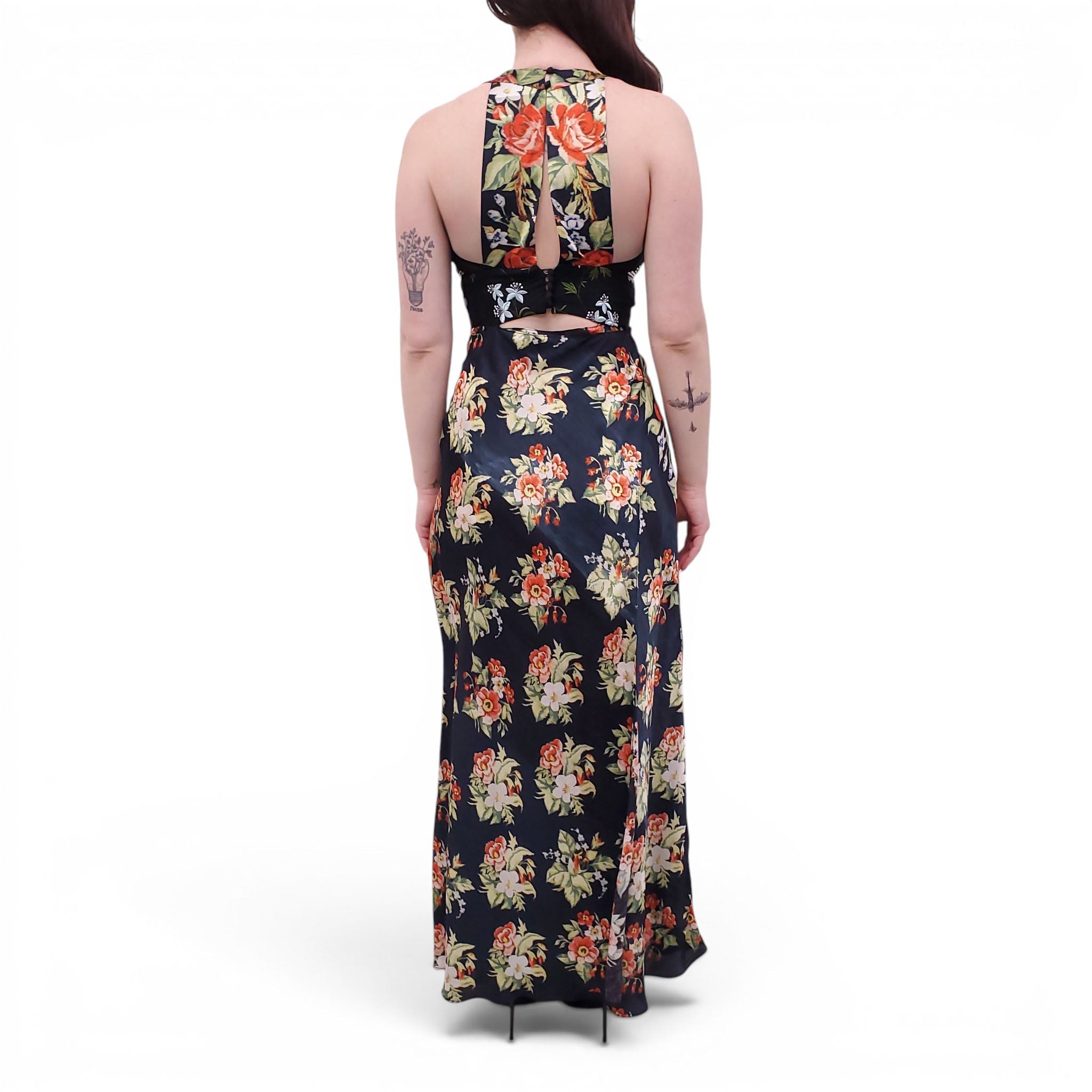PACO RABANNE BLACK FLORAL DRESS WITH SILVER SEQUIN DETAIL - SIZE 36