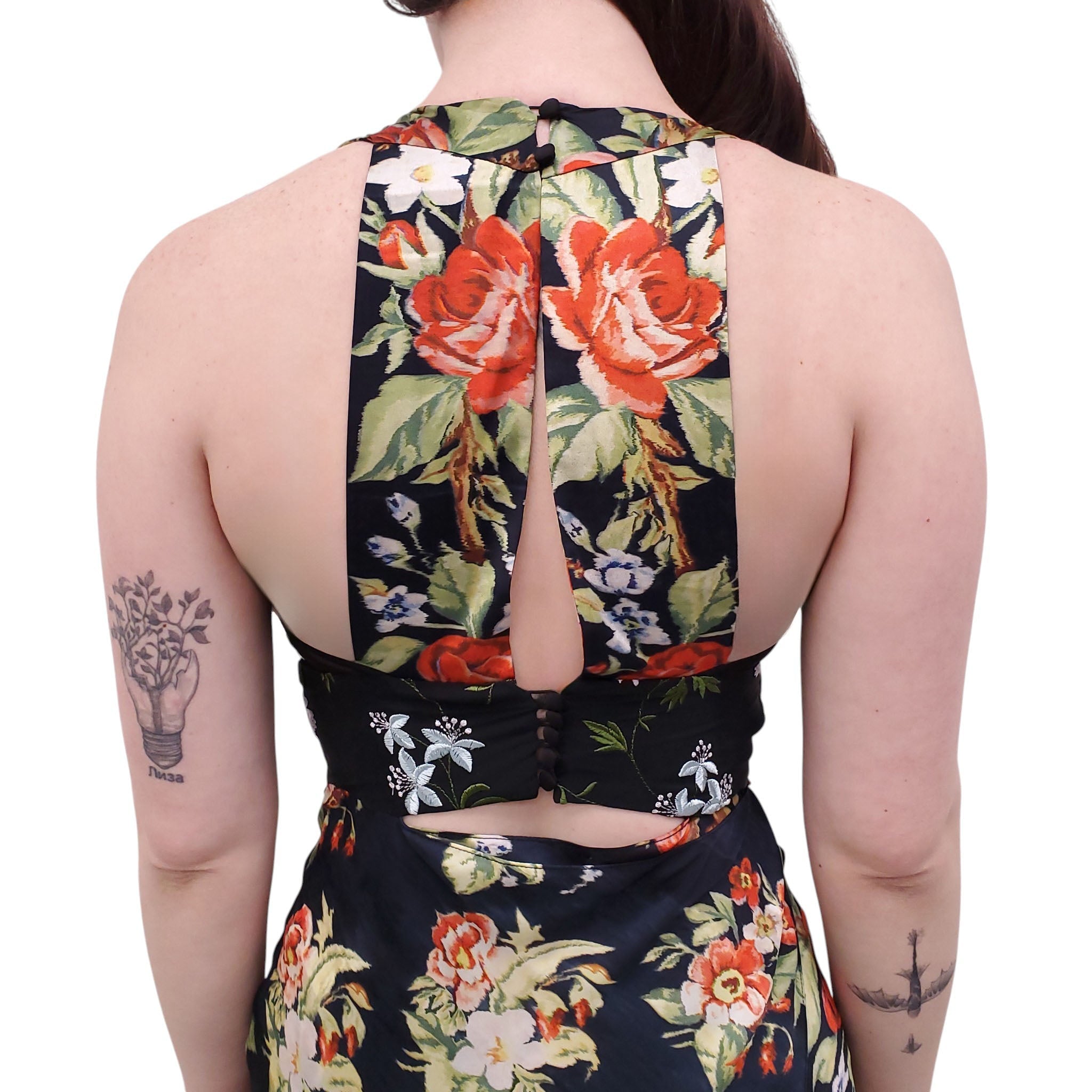 PACO RABANNE BLACK FLORAL DRESS WITH SILVER SEQUIN DETAIL - SIZE 36