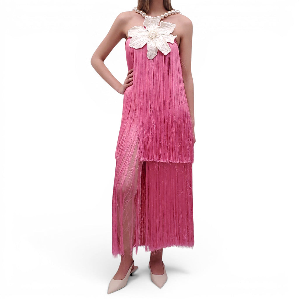 PATBO PINK FRINGE DRESS WITH PEARLS AND BEADED FLOWER DETAIL - SIZE 0