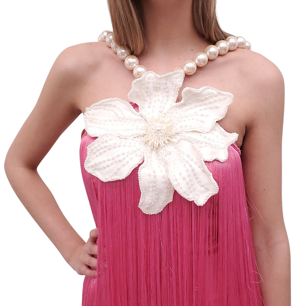 PATBO PINK FRINGE DRESS WITH PEARLS AND BEADED FLOWER DETAIL - SIZE 0