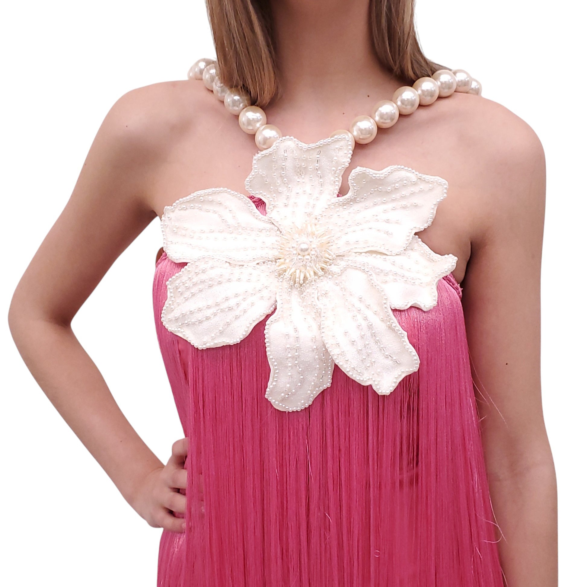 PATBO PINK FRINGE DRESS WITH PEARLS AND BEADED FLOWER DETAIL - SIZE 0