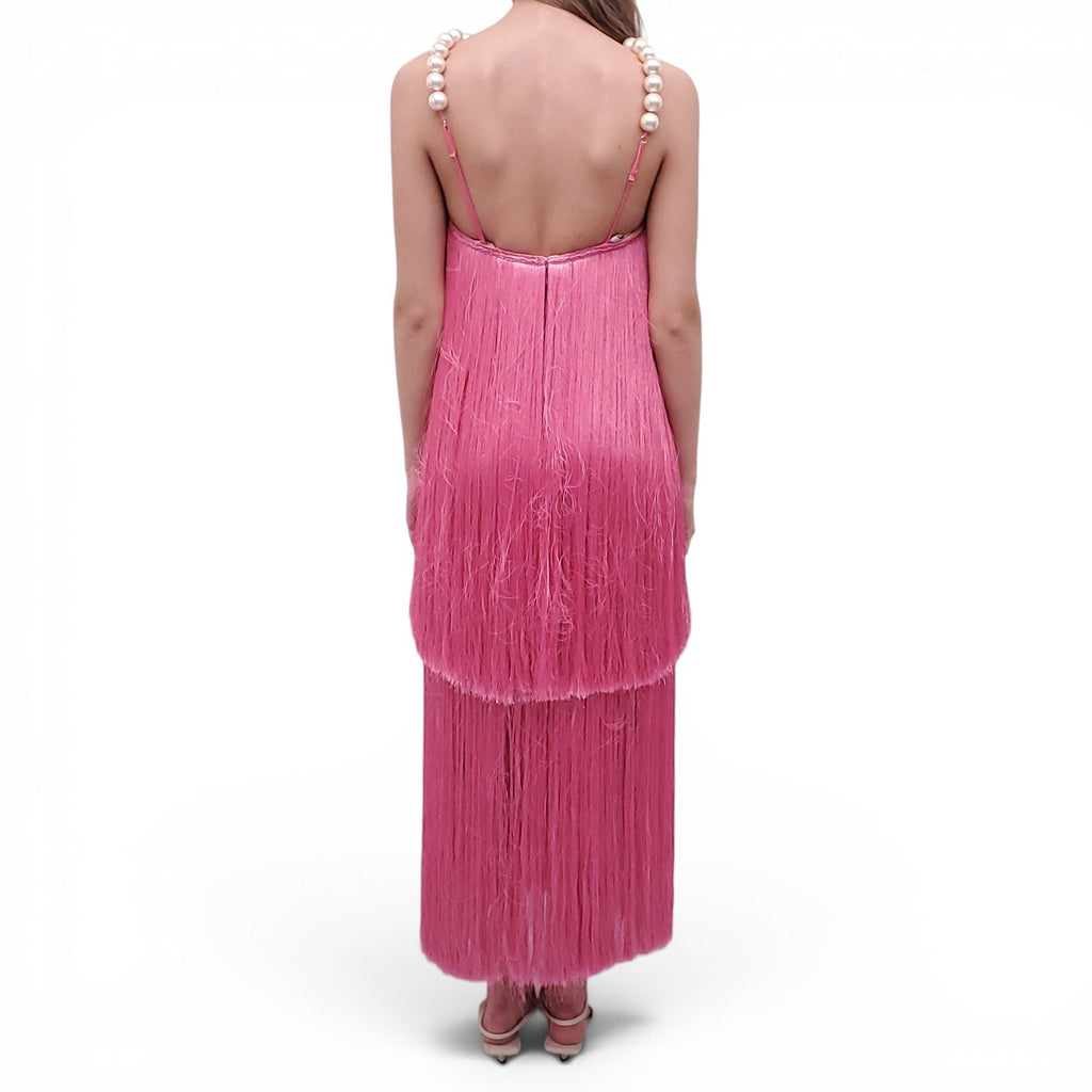 PATBO PINK FRINGE DRESS WITH PEARLS AND BEADED FLOWER DETAIL - SIZE 0