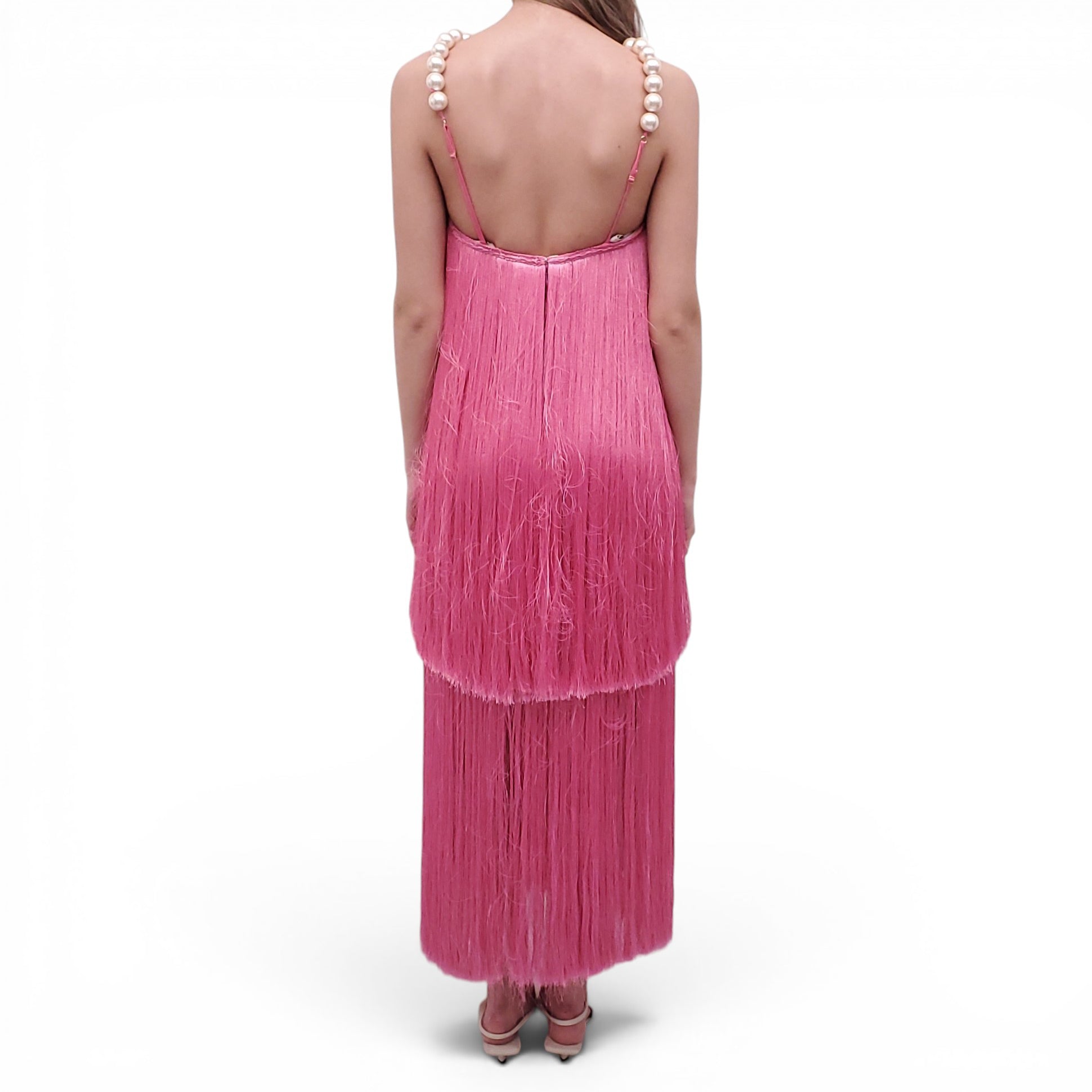 PATBO PINK FRINGE DRESS WITH PEARLS AND BEADED FLOWER DETAIL - SIZE 0