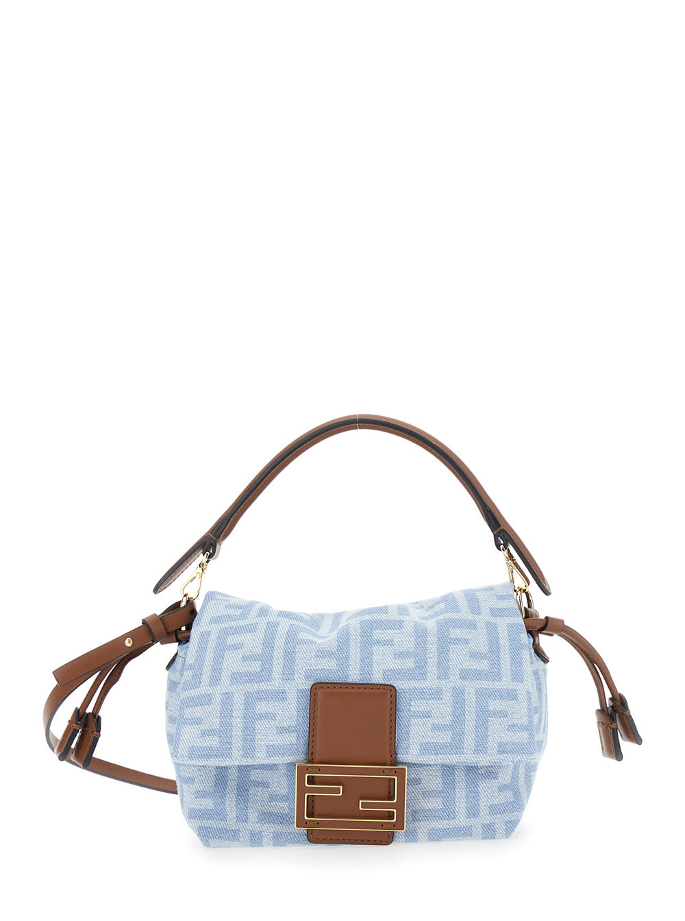 Fendi Women 'Mamma Baguette' Light Blue Shoulder Bag With Ff All Over Motif In Denim For Women