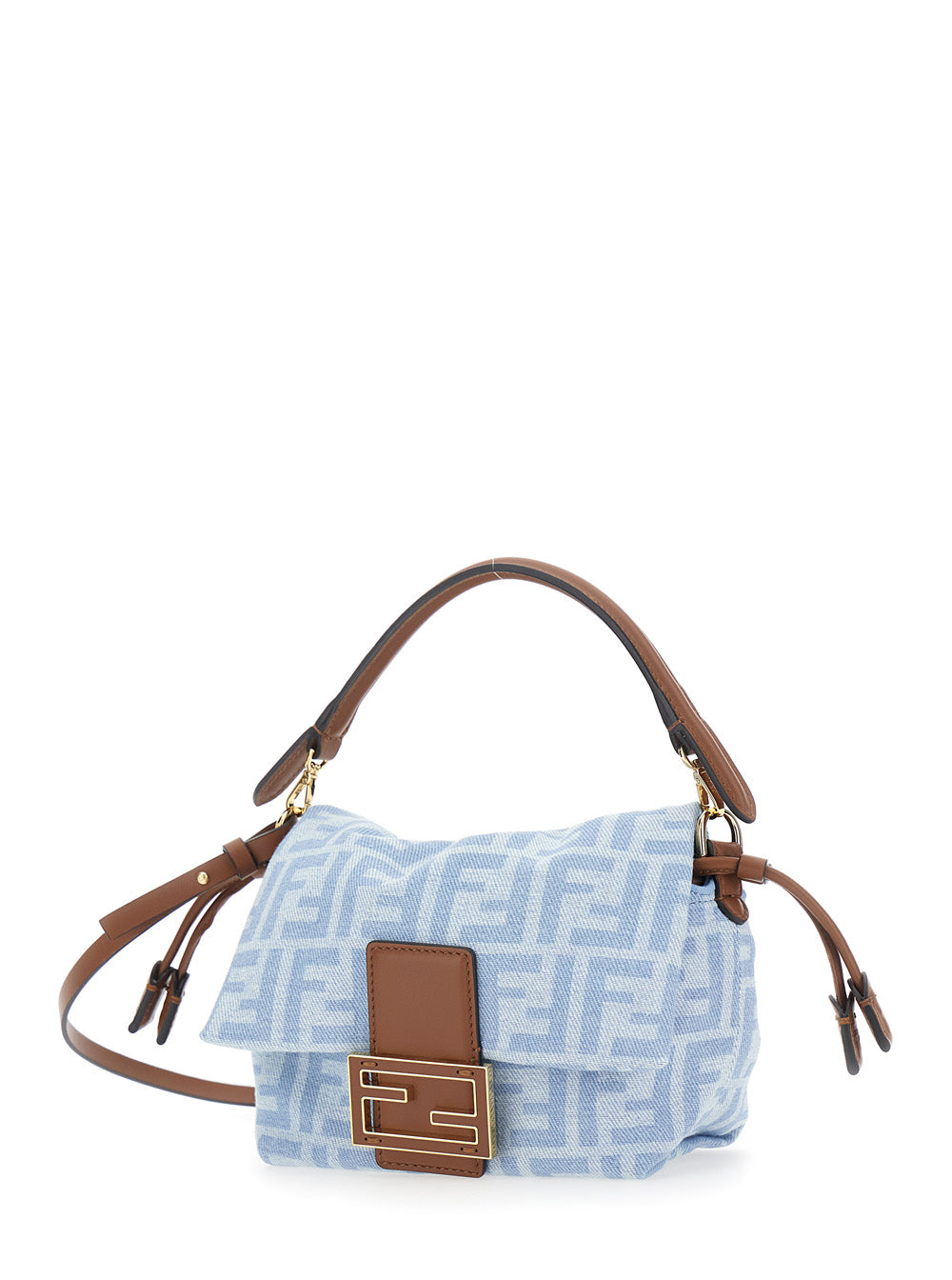 Fendi Women 'Mamma Baguette' Light Blue Shoulder Bag With Ff All Over Motif In Denim For Women