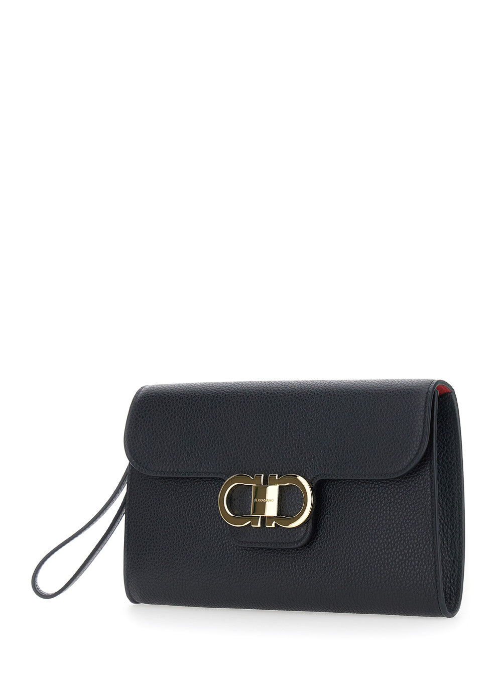 Ferragamo Women Black Clutch With Double Gancini Buckle On The Front In Grained Leather For Women