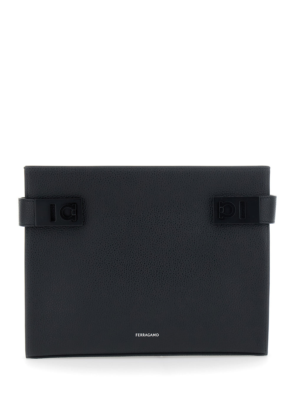 Ferragamo Men Black Clutch With Hug Side Buckles And Logo In Leather For Men
