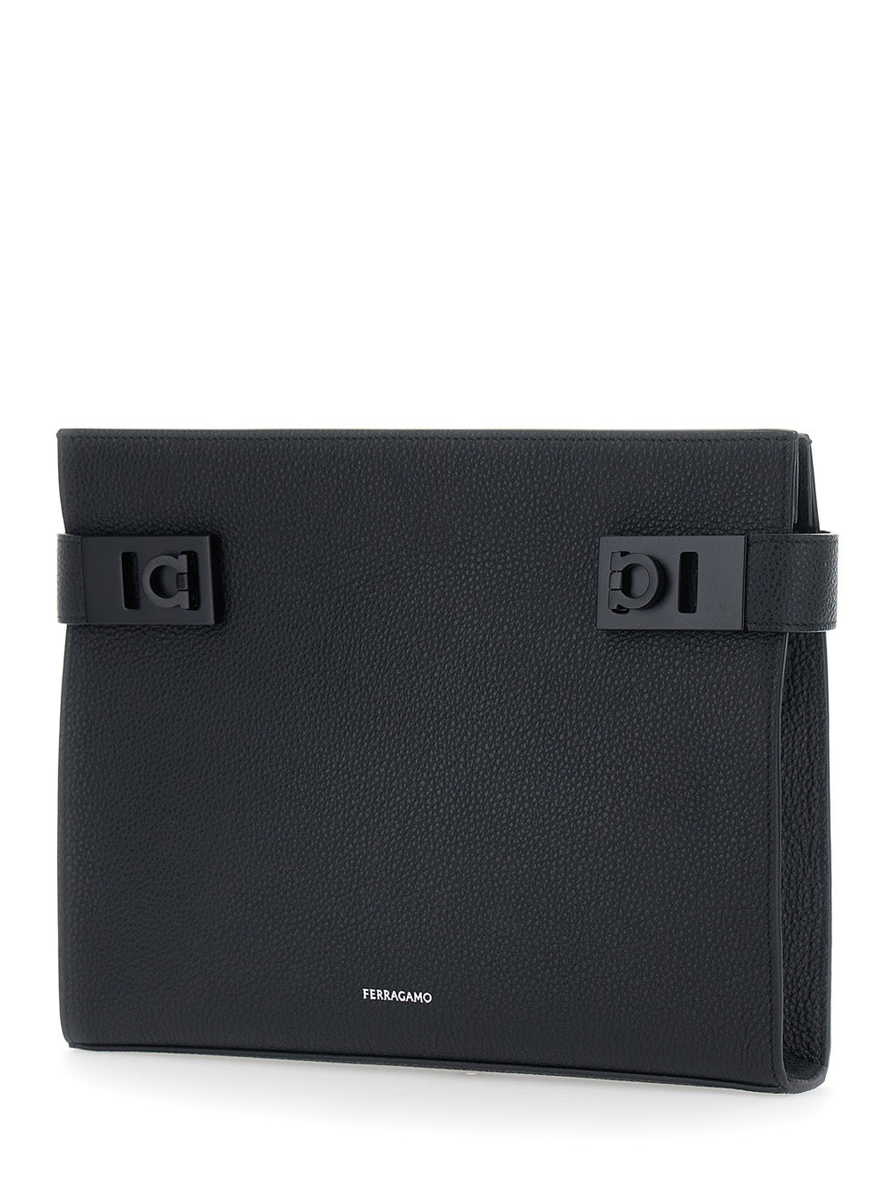 Ferragamo Men Black Clutch With Hug Side Buckles And Logo In Leather For Men