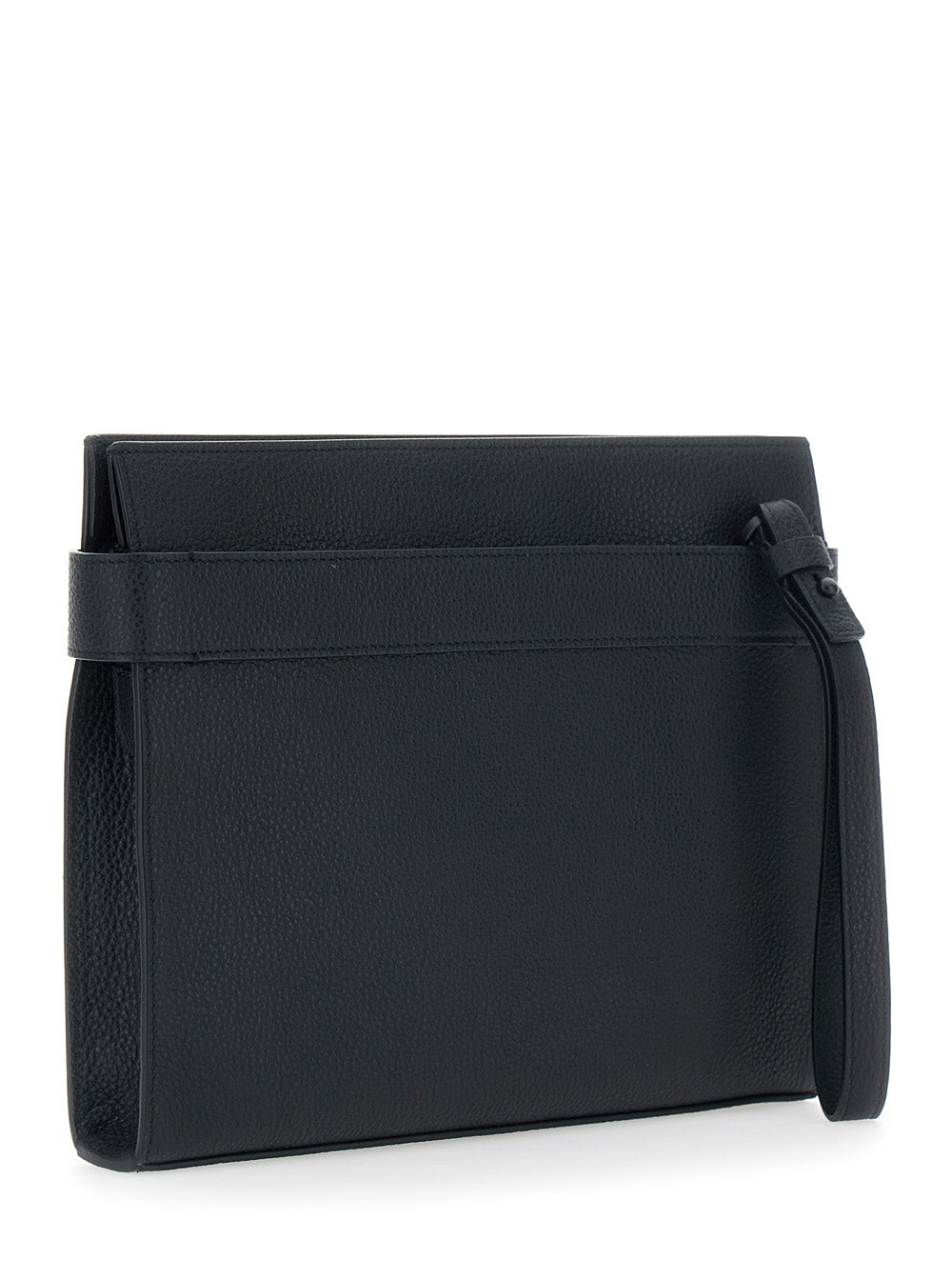 Ferragamo Men Black Clutch With Hug Side Buckles And Logo In Leather For Men