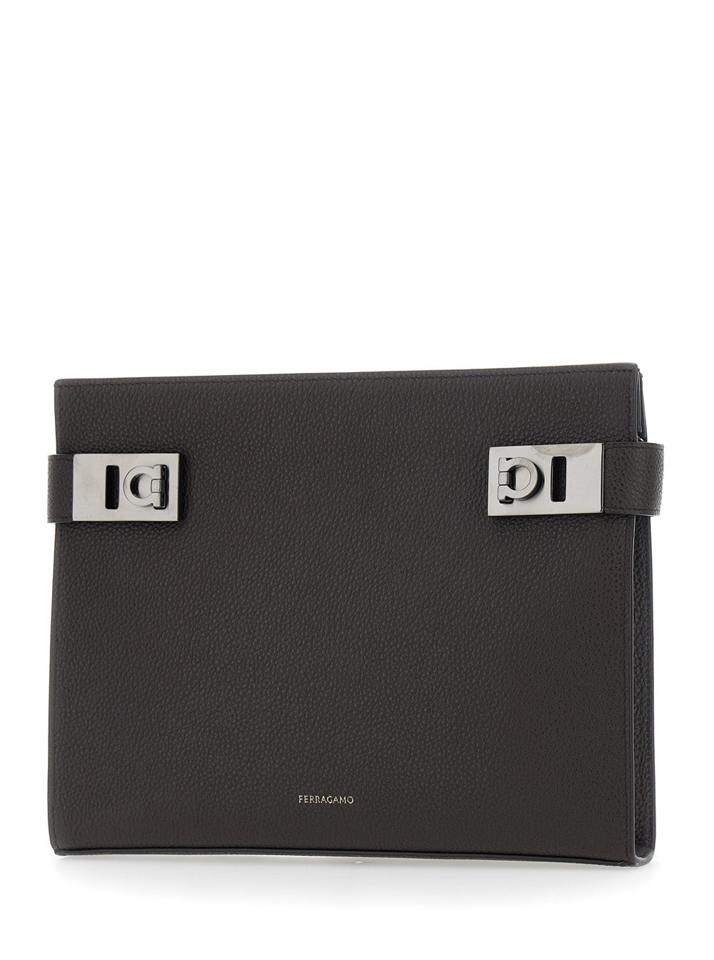 Ferragamo Men Brown Clutch With Hug Side Buckles In Leather Man