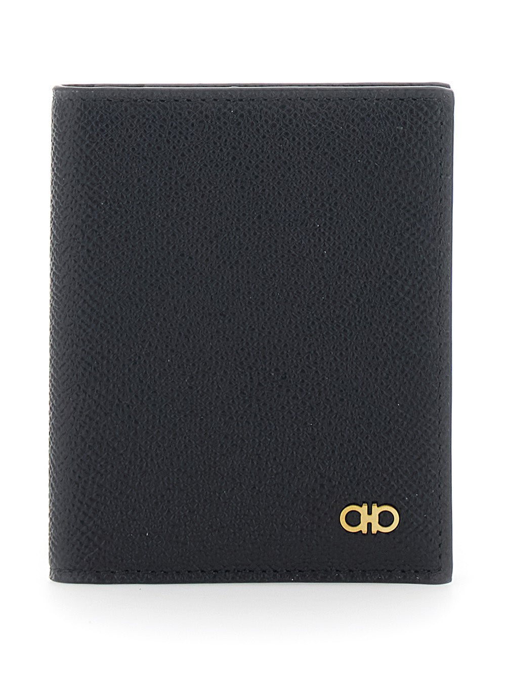Ferragamo Men 'Micro Gancini' Black Card Holder Bi-Fold With Logo In Grained Leather Men