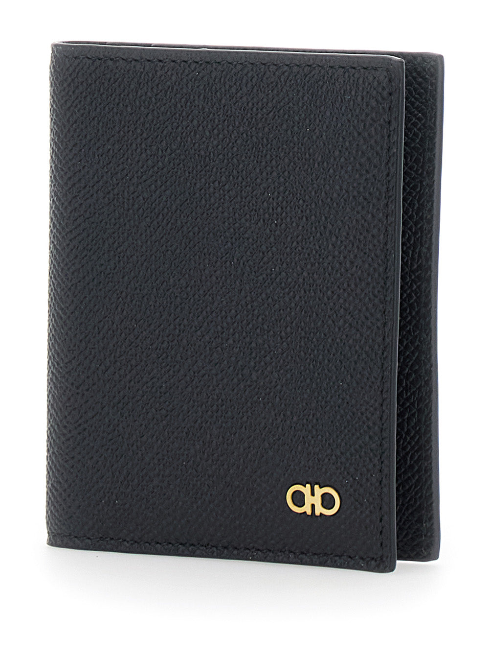 Ferragamo Men 'Micro Gancini' Black Card Holder Bi-Fold With Logo In Grained Leather Men