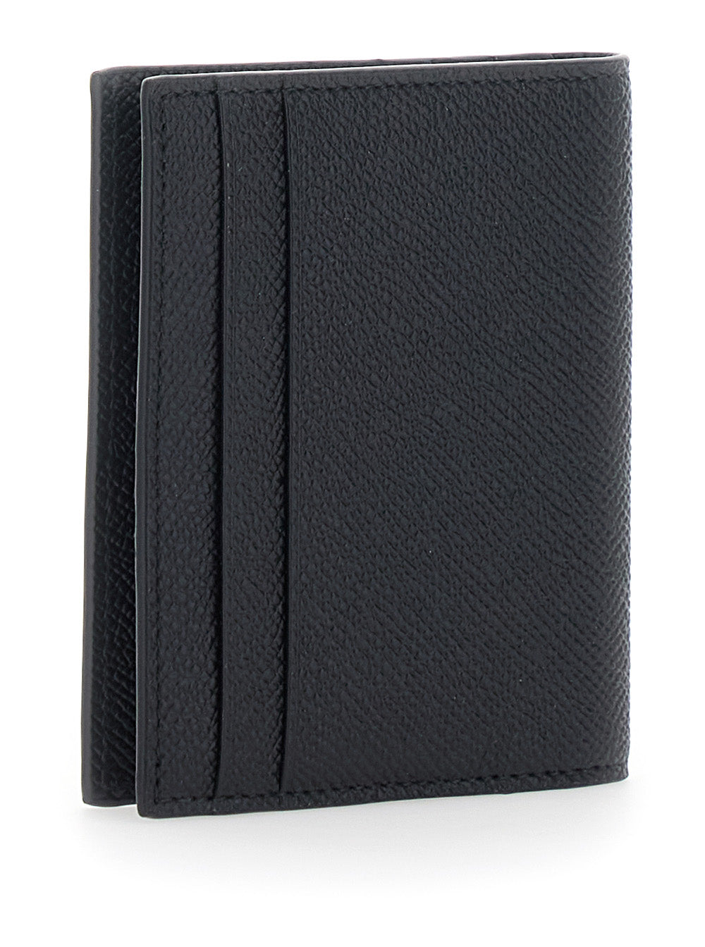 Ferragamo Men 'Micro Gancini' Black Card Holder Bi-Fold With Logo In Grained Leather Men