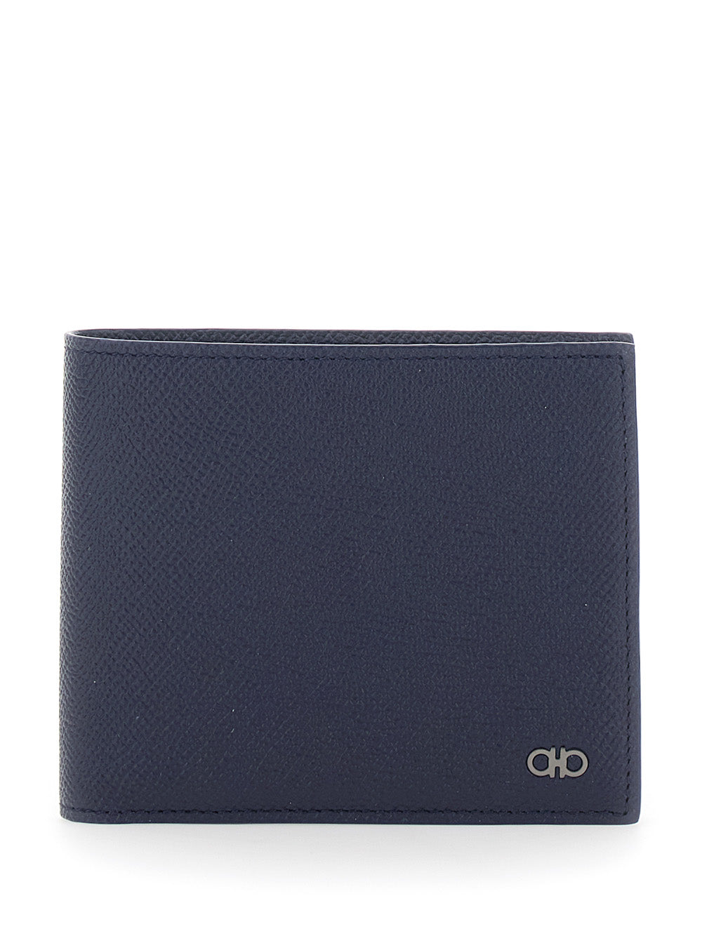 Ferragamo Men 'Micro Gancini' Blue Bi-Fold Wallet With Logo In Grained Leather Men