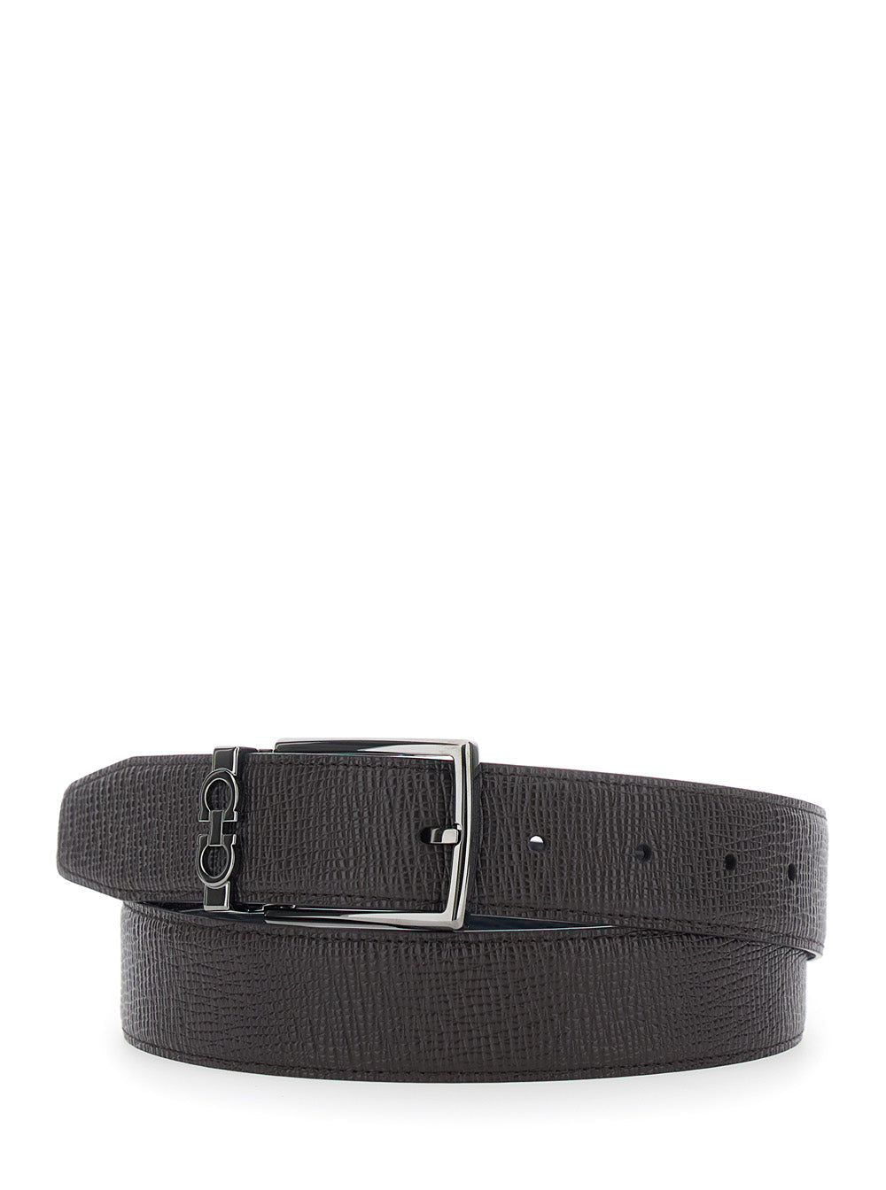 Ferragamo Men Brown Reversible Belt With Gancini Buckle In Grained Leather Men