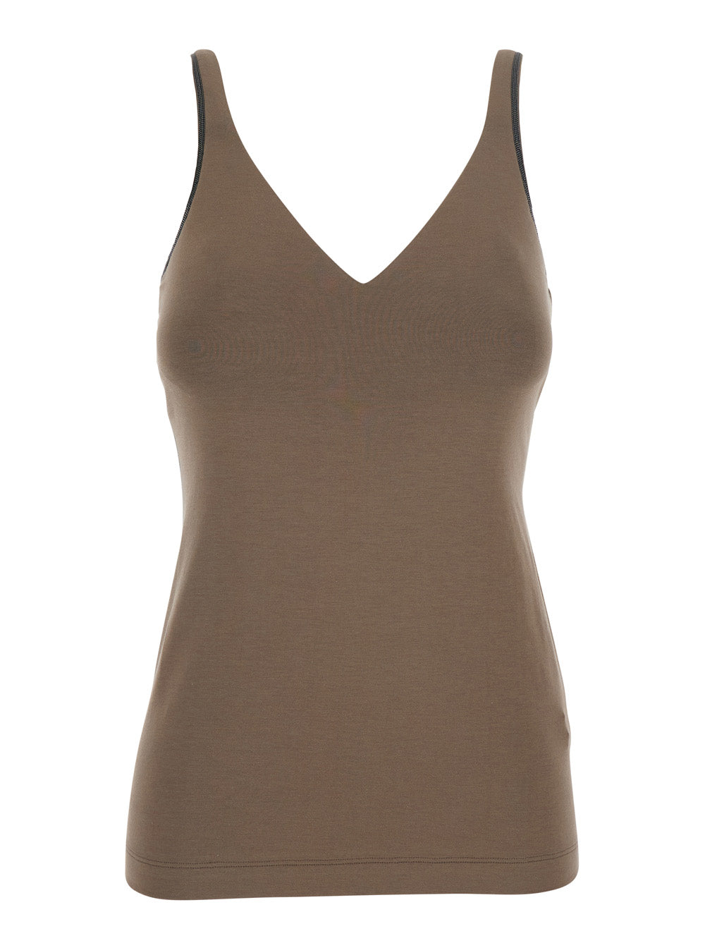 Brunello Cucinelli Women Brown Top With V-Neck And Monil Detail On The Strap In Cotton For Women