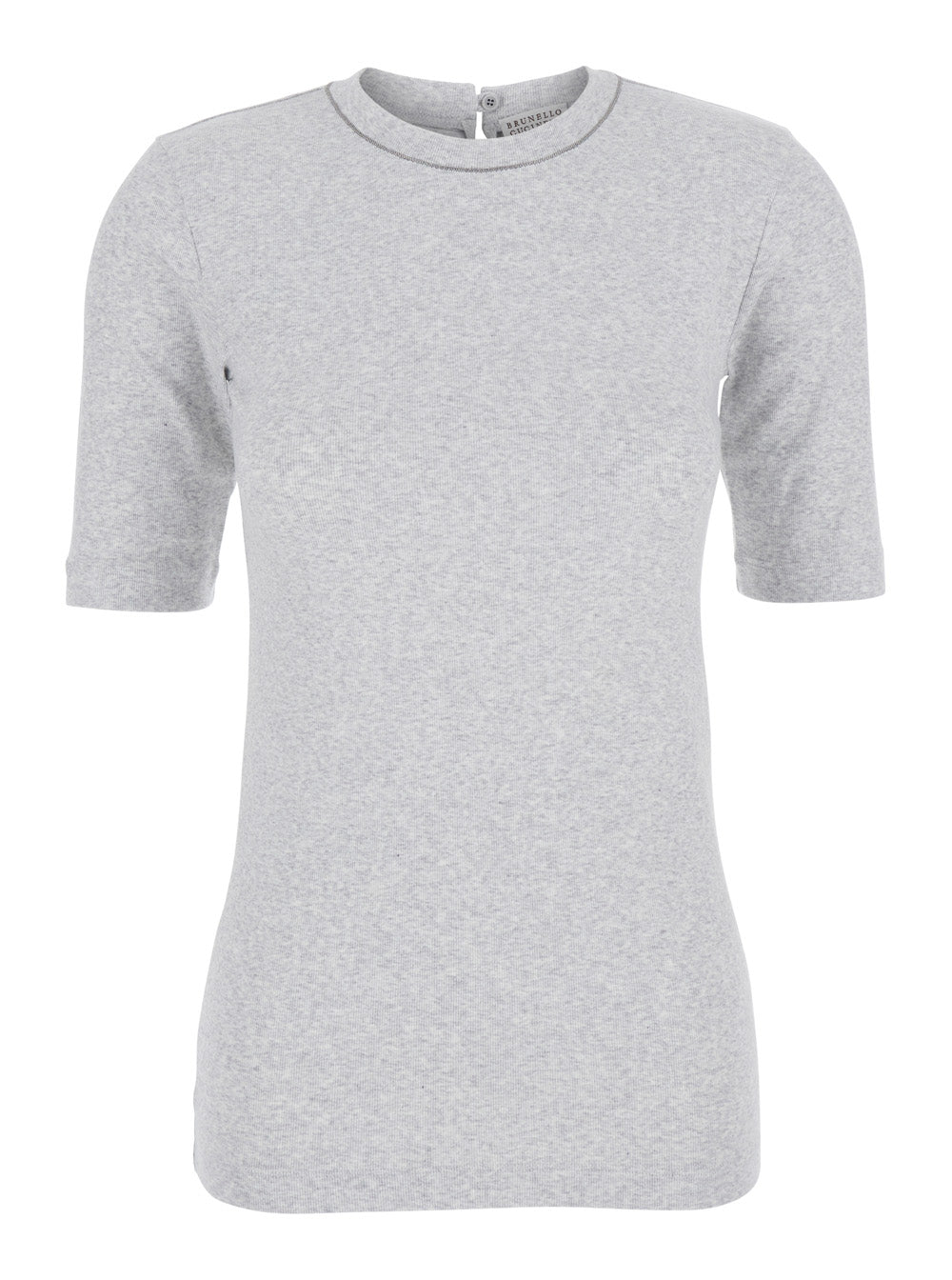 Brunello Cucinelli Women Gray Crew Neck T-Shirt With Three-Quarter Sleeves And Monil Detail On The Neck In  Cotton For Women