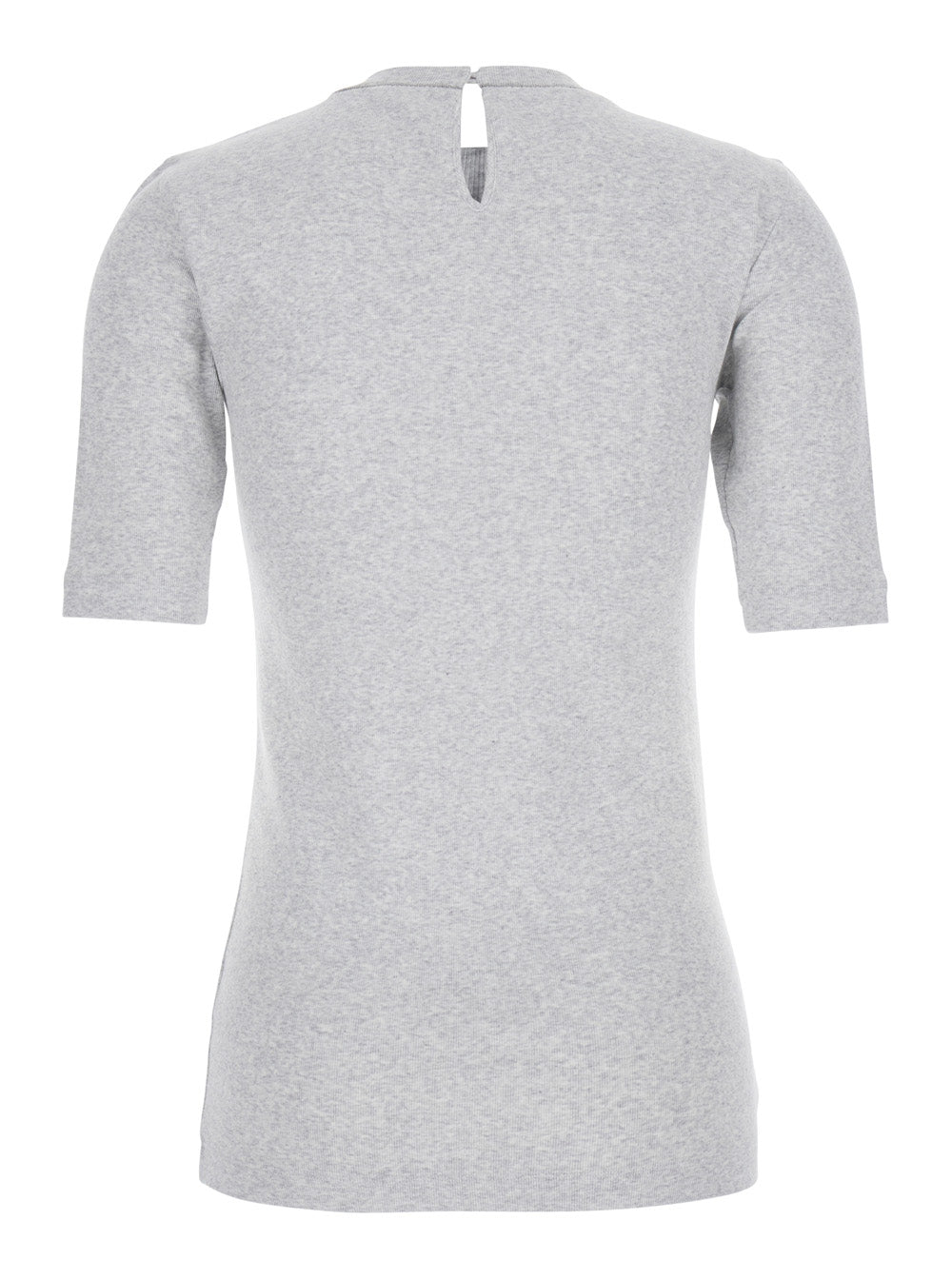 Brunello Cucinelli Women Gray Crew Neck T-Shirt With Three-Quarter Sleeves And Monil Detail On The Neck In  Cotton For Women