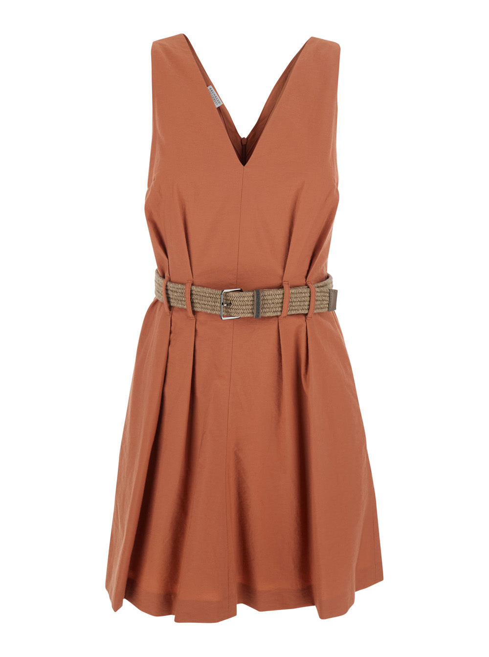 Brunello Cucinelli Women Orange Pleated Midi Dress With V-Neck And Belt With Monil Detail On The Front In Cotton For Women