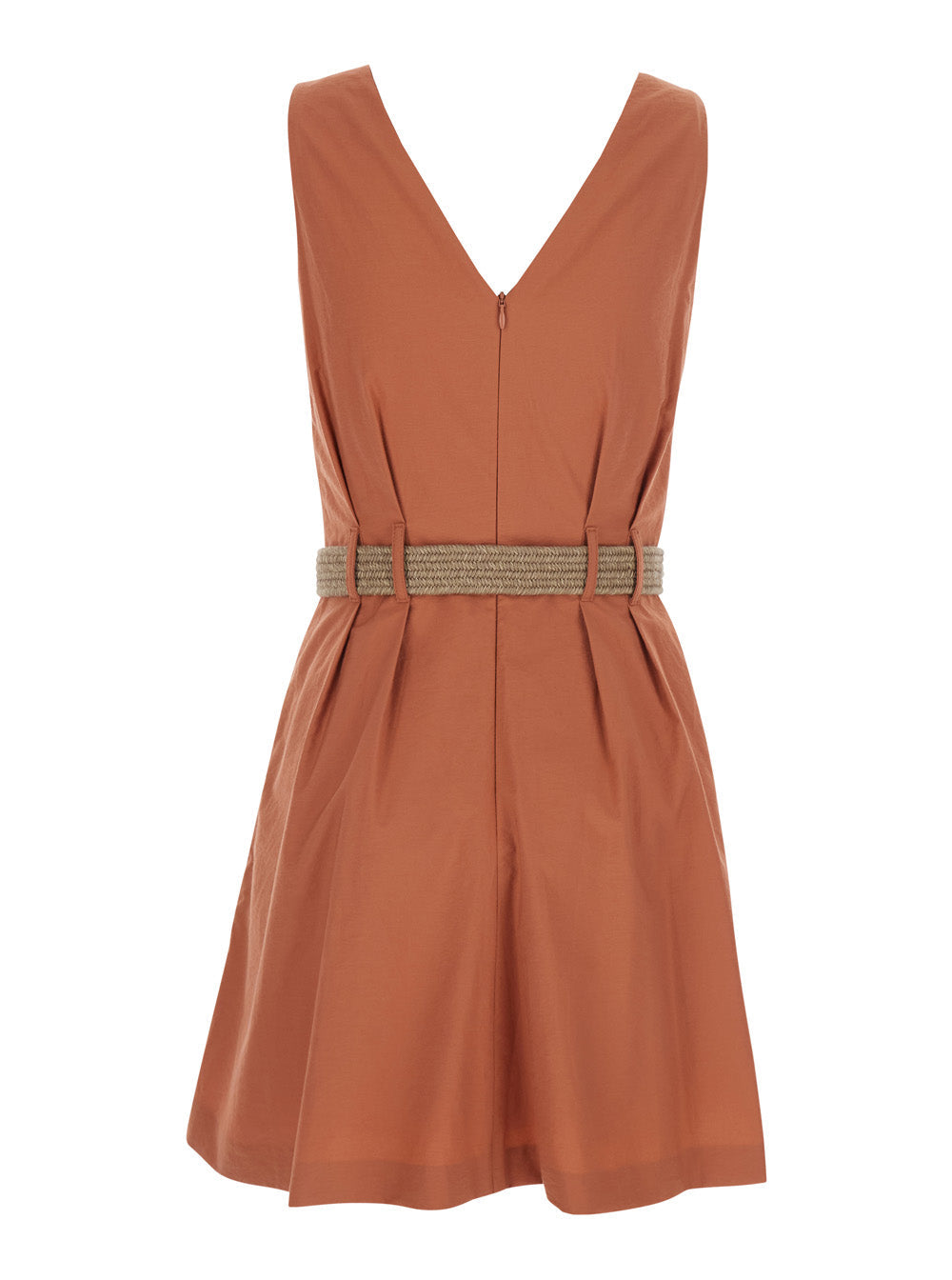 Brunello Cucinelli Women Orange Pleated Midi Dress With V-Neck And Belt With Monil Detail On The Front In Cotton For Women
